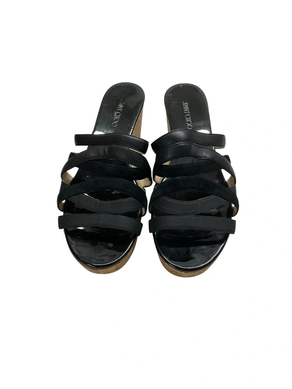 Y2K Jimmy Choo Patent Black Leather Cork Platform Wedge Sandals 42